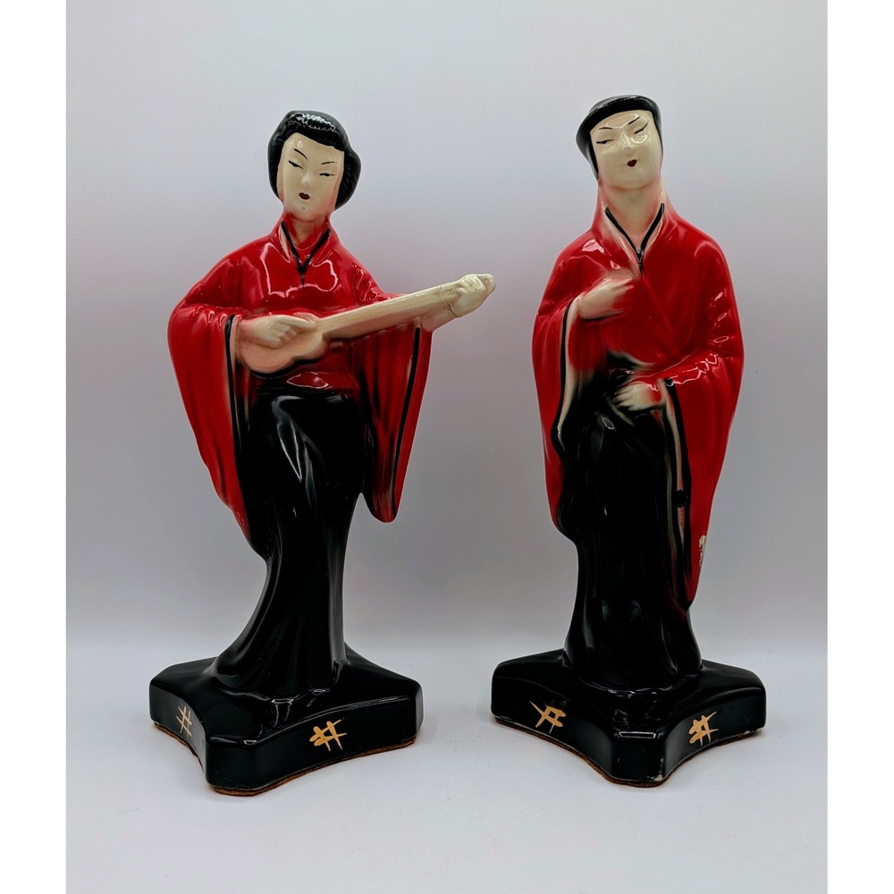 Vintage MCM Japanese Geisha Musician Ceramic Figurines Red Black Gold Set of 2